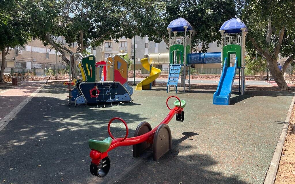 An empty playground in Ashkelon, August 7, 2022. (Carrie Keller-Lynn  / The Times of Israel)