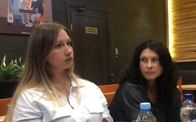 Vlada (L) and Ludmilla speak to The Times of Israel in Kyiv, August 4, 2022 (Lazar Berman/The Times of Israel)