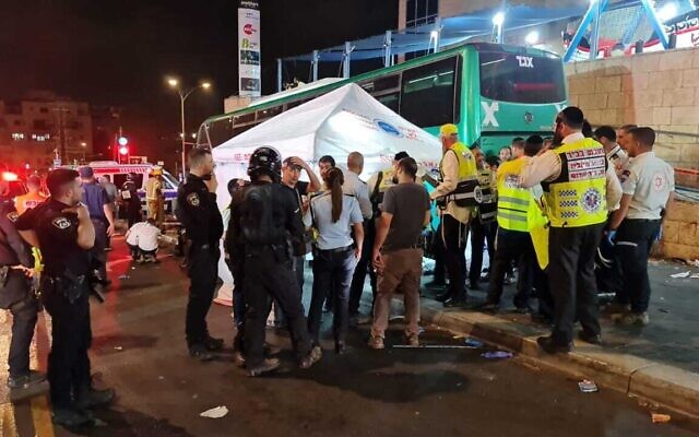 The scene of a bus crash on Jerusalem's Shamgar Street on August 11, 2022. (Rescuers without Borders)
