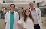 Anna Kosma (front), who has just entered rehab three months after doctors believed she had 2% chance of survival, pictured at Shaare Zedek Medical Center with her physicians Dr. Stefan Mausbach, left, and Dr. Roni Eichel (courtesy of Shaare Zedek Medical Center)