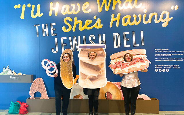 The brains behind exhibit 'I’ll Have What She’s Having.' Cate Thurston is the pickle; Laura Mart is the fish; Lara Rabinovitch is the sandwich. (Jennifer Caballero)