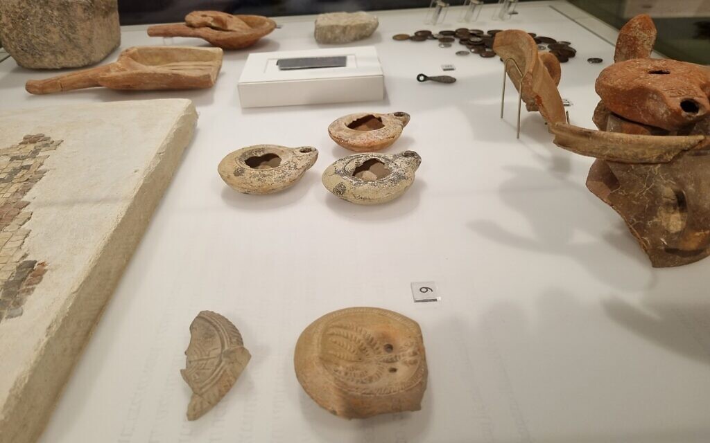 Oil lamps found at Usha, on display at the Sanhedrin Exhibition. (Shmuel Bar-Am)