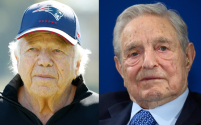 Billionaires Robert Kraft (left) and George Soros, who each contributed $1 million dollars to pro-Israel PACs in August 2022. (Cliff Hawkins/Getty Images & Fabrice Coffrini/AFP via Getty Images)