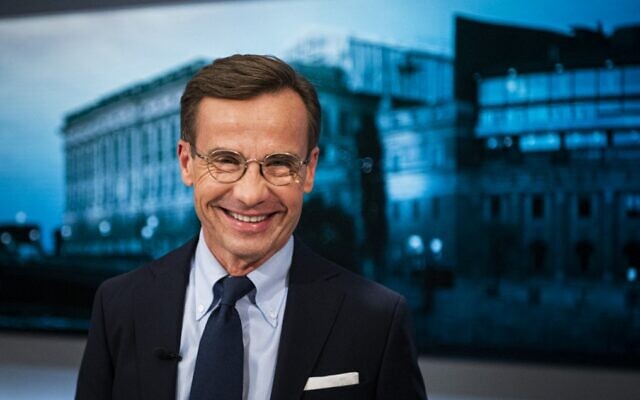 In this file photo from September 9, 2022, Ulf Kristersson, leader of the Moderate Party in Sweden, is pictured in a studio prior to a debate with other party leaders, organized  by SVT in Stockholm, ahead of the general elections. (Jonathan Nackstrand/AFP)