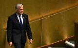 Prime Minister Yair Lapid arrives to speak at the 77th session of the United Nations General Assembly at the UN headquarters in New York City on September 22, 2022. (TIMOTHY A. CLARY / AFP)