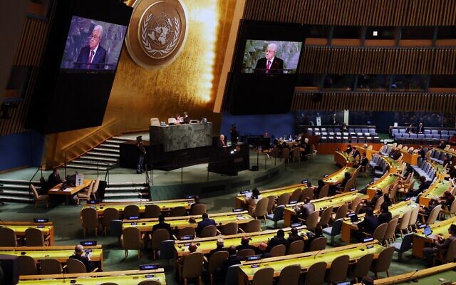 Illustrative: Palestinian Authority President Mahmoud Abbas addresses the 77th session of the United Nations General Assembly at the UN headquarters in New York on September 23, 2022. (Spencer Platt/Getty Images/AFP)