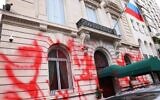 Red spray paint is seen spread across the walls on the Russian Consulate after it was vandalized on September 30, 2022 in New York City. (Michael M. Santiago/GETTY IMAGES NORTH AMERICA/Getty Images via AFP)