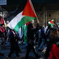 Illustrative: Pro-Palestinian demonstrators in New York City, March 30, 2022. (Luke Tress/Times of Israel)