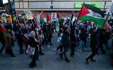 Illustrative: Pro-Palestinian demonstrators in New York City, March 30, 2022. (Luke Tress/Times of Israel)