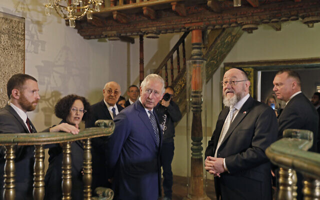 Britain's Prince Charles and Rabbi Ephraim Mirvis visit the 1736 Suriname reconstructed Tzedek ve-Shalom Synagogue at the Israel Museum in Jerusalem on January 23, 2020.  (Menahem Kahana/Pool Photo via AP)