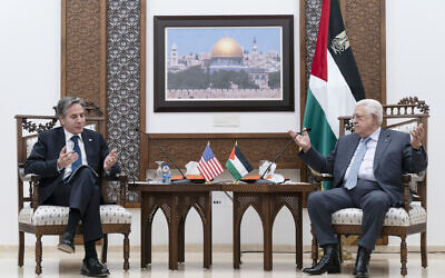 US Secretary of State Antony Blinken listens during a joint statement with Palestinian Authority President Mahmoud Abbas on May 25, 2021, in the West Bank city of Ramallah. (AP Photo/Alex Brandon, Pool)