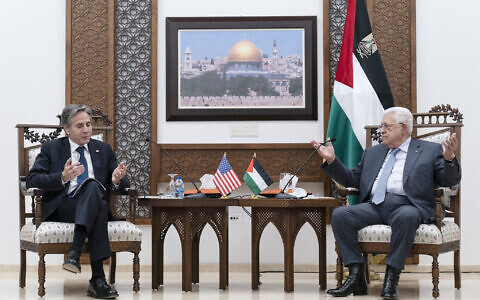 US Secretary of State Antony Blinken listens during a joint statement with Palestinian Authority President Mahmoud Abbas on May 25, 2021, in the West Bank city of Ramallah. (AP Photo/Alex Brandon, Pool)
