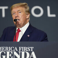 Former US president Donald Trump speaks at an America First Policy Institute agenda summit at the Marriott Marquis in Washington, July 26, 2022. (AP/Andrew Harnik)