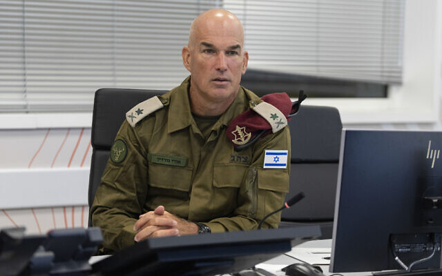 Maj. Gen. Ori Gordin, the incoming head of the Northern Command, during an interview with The Associated Press, at the Home Front Command base near the city of Ramla, on August 29, 2022. (AP Photo/ Tsafrir Abayov)