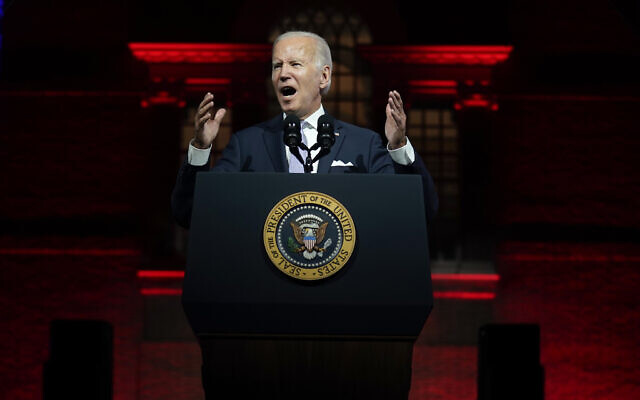 US President Joe Biden speaks outside Independence Hall, Thursday, September 1, 2022, in Philadelphia. (AP/Evan Vucci)