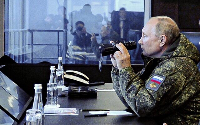 Illustrative: Russian President Vladimir Putin watches the Vostok 2022 (East 2022) military exercise in far eastern Russia, outside Vladivostok, September 6, 2022. (Mikhail Klimentyev, Sputnik, Kremlin Pool Photo via AP)