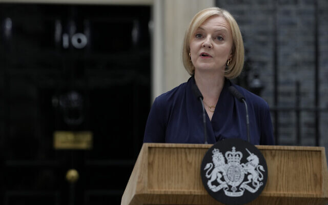 New British Prime Minister Liz Truss makes an address outside Downing Street in London, September 6, 2022. (Kirsty Wigglesworth/AP)