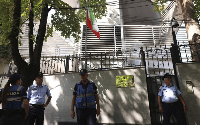 Police guard outside the Iranian Embassy in Tirana, Albania, September 8, 2022. (AP Photo/Franc Zhurda)