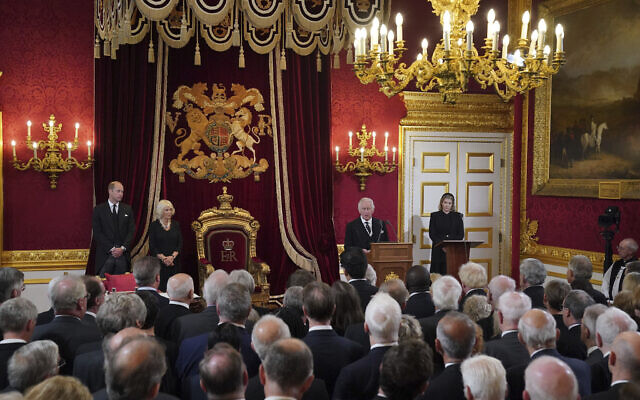 From left, Britain's Prince William, Camilla, the Queen Consort, King Charles III and Lord President of the Council Penny Mordaunt, before Privy Council members in the Throne Room during the Accession Council at St James's Palace, London, Sept. 10, 2022, where King Charles III is formally proclaimed monarch. (Jonathan Brady/Pool Photo via AP)