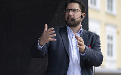 Sweden Democrats' party leader Jimmie Åkesson campaigns at Stortorget in Malmo, Sweden, September 10, 2022, the day before the election. (Johan Nilsson/TT News Agency via AP)