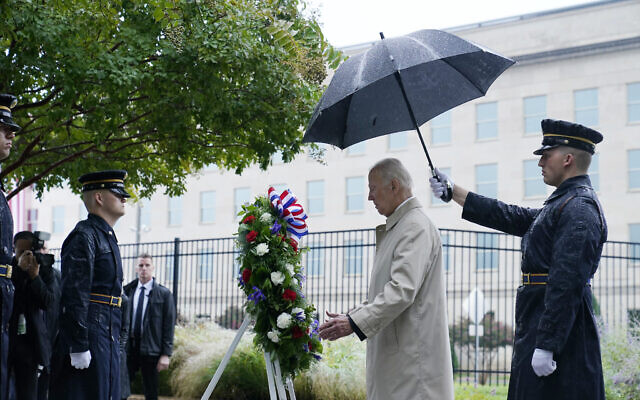 US President Joe Biden participates in a wreath laying ceremony while visiting the Pentagon in Washington, September 11, 2022, to honor and remember the victims of the September 11th terror attack. (AP Photo/Susan Walsh)