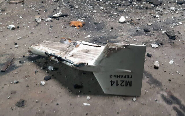 The wreckage of what Kyiv has described as an Iranian Shahed drone downed near Kupiansk, Ukraine, September 13, 2022. (Ukrainian military’s Strategic Communications Directorate via AP)