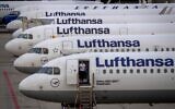 Lufthansa aircrafts parked at the airport in Frankfurt, Germany, Sept. 2, 2022 (AP Photo/Michael Probst,file)