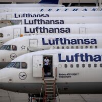 Lufthansa aircrafts parked at the airport in Frankfurt, Germany, Sept. 2, 2022 (AP Photo/Michael Probst,file)