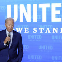 US President Joe Biden speaks during the United We Stand Summit in the East Room of the White House in Washington, Thursday, Sept. 15, 2022. (AP Photo/Susan Walsh)