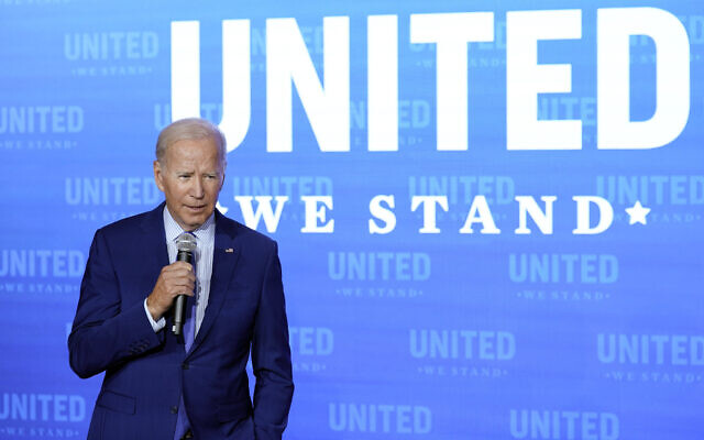 US President Joe Biden speaks during the United We Stand Summit in the East Room of the White House in Washington, Thursday, Sept. 15, 2022. (AP Photo/Susan Walsh)