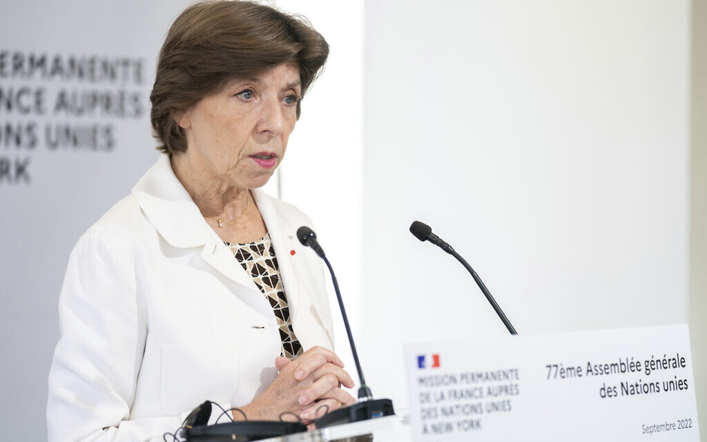 French Foreign Minister Catherine Colonna speaks at a press conference at the French Mission, Sept. 19, 2022, in New York. (AP Photo/Julia Nikhinson)