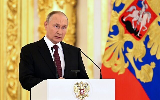 Illustrative: Russian President Vladimir Putin delivers his speech as he attends a ceremony to receive credentials from newly appointed foreign ambassadors to Russia, at the Kremlin, Moscow, September 20, 2022. (Pavel Bednyakov, Sputnik, Kremlin Pool Photo via AP)