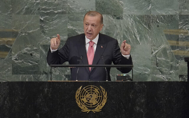 President of Turkey Recep Tayyip Erdogan addresses the 77th session of the United Nations General Assembly, September 20, 2022, at the UN headquarters in New York. (AP Photo/Mary Altaffer)