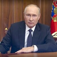 In this image made from a video released by the Russian Presidential Press Service, Russian President Vladimir Putin addresses the nation in Moscow, Russia, Sept. 21, 2022. (Russian Presidential Press Service via AP)