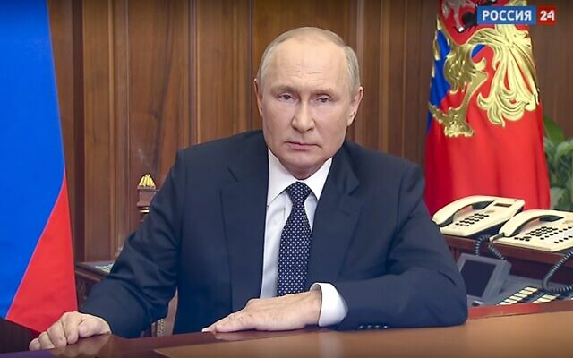 In this image made from a video released by the Russian Presidential Press Service, Russian President Vladimir Putin addresses the nation in Moscow, Russia, Sept. 21, 2022. (Russian Presidential Press Service via AP)