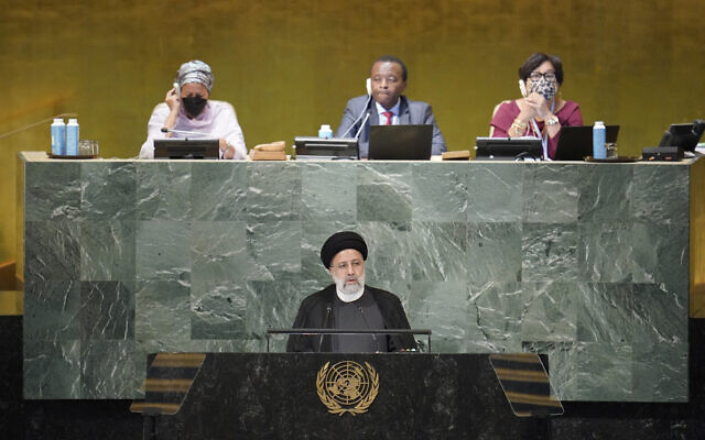 President of Iran Ebrahim Raisi addresses the 77th session of the United Nations General Assembly, Wednesday, Sept. 21, 2022 at UN headquarters. (AP Photo/Mary Altaffer)