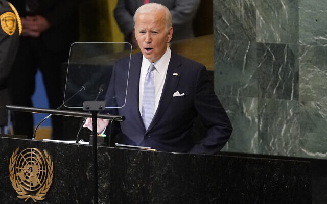 US President Joe Biden addresses the 77th session of the United Nations General Assembly on Wednesday, Sept. 21, 2022, at the UN headquarters. (AP Photo/Evan Vucci)