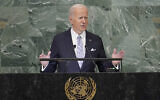 US President Joe Biden addresses to the 77th session of the United Nations General Assembly, at UN headquarters, Sept. 21, 2022. (Mary Altaffer/AP)