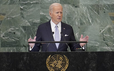 US President Joe Biden addresses to the 77th session of the United Nations General Assembly, at UN headquarters, Sept. 21, 2022. (Mary Altaffer/AP)