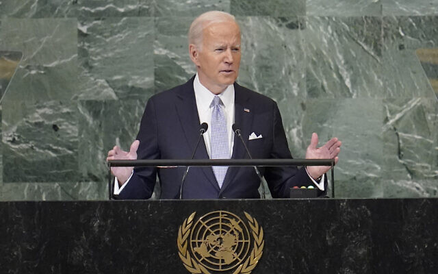 Illustrative: US President Joe Biden addresses to the 77th session of the United Nations General Assembly, at UN headquarters, September 21, 2022. (Mary Altaffer/AP)