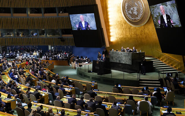 US President Joe Biden addresses the 77th session of the United Nations General Assembly on Wednesday, Sept. 21, 2022, at the U.N. headquarters. (AP Photo/Evan Vucci)