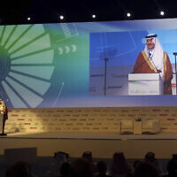 Saudi Arabia's Prince Sultan bin Salman talks at the Global Aerospace Summit in Abu Dhabi, UAE about his 1985 experience as the first Arab and Muslim to travel to space aboard NASA's Discovery shuttle, March 8, 2016. (AP Photo/Aya Batrawy, File)