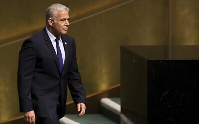 Israel's Prime Minister Yair Lapid arrives to address the 77th session of the United Nations General Assembly, Thursday, September 22, 2022, at UN headquarters. (AP Photo/Julia Nikhinson)
