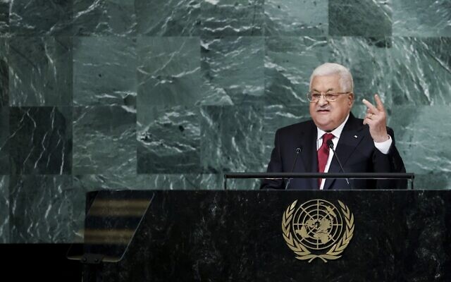 Palestinian Authority President Mahmoud Abbas addresses the 77th session of the United Nations General Assembly, Friday, September 23, 2022, at the UN headquarters. (AP Photo/Julia Nikhinson)