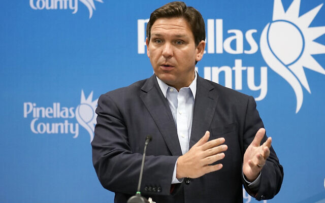 Florida Gov. Ron DeSantis speaks during a news conference at the Pinellas County Emergency Operations Center, Monday, Sept. 26, 2022, in Largo, Fla. DeSantis was updating residents on the path of Hurricane Ian. (AP Photo/Chris O’Meara)