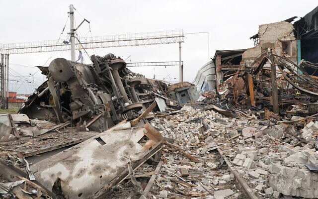Debris of a railway depot ruined after a Russian rocket attack in Kharkiv, Ukraine, September 28, 2022. (Andrii Marienko/AP)