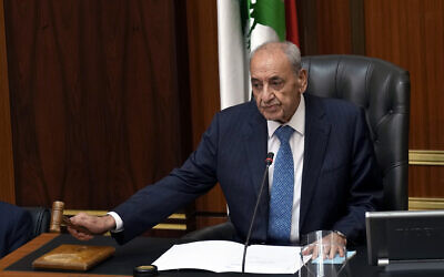 Lebanese Parliament Speaker Nabih Berri opens the session to elect a president at the parliament building in downtown Beirut, Lebanon, September 29, 2022. (AP Photo/Bilal Hussein)