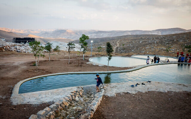 View of a newly built water pools in the Jewish settlement of Nokdim, in the West Bank, on October 20, 2021 (Gershon Elinson/Flash90)