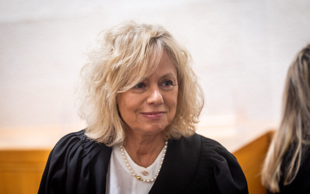 Attorney General Gali Baharav-Miara at a ceremony held for outgoing Supreme Court judge George Karra, at the Supreme Court in Jerusalem on May 29, 2022. (Yonatan Sindel/Flash90)