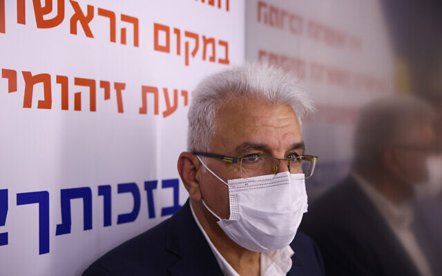 COVID czar Salman Zarka seen during a visit of Health Minister Nitzan Horowitz at the Ziv medical center in the northern Israeli city of Safed, on June 23, 2022. (David Cohen/Flash90)